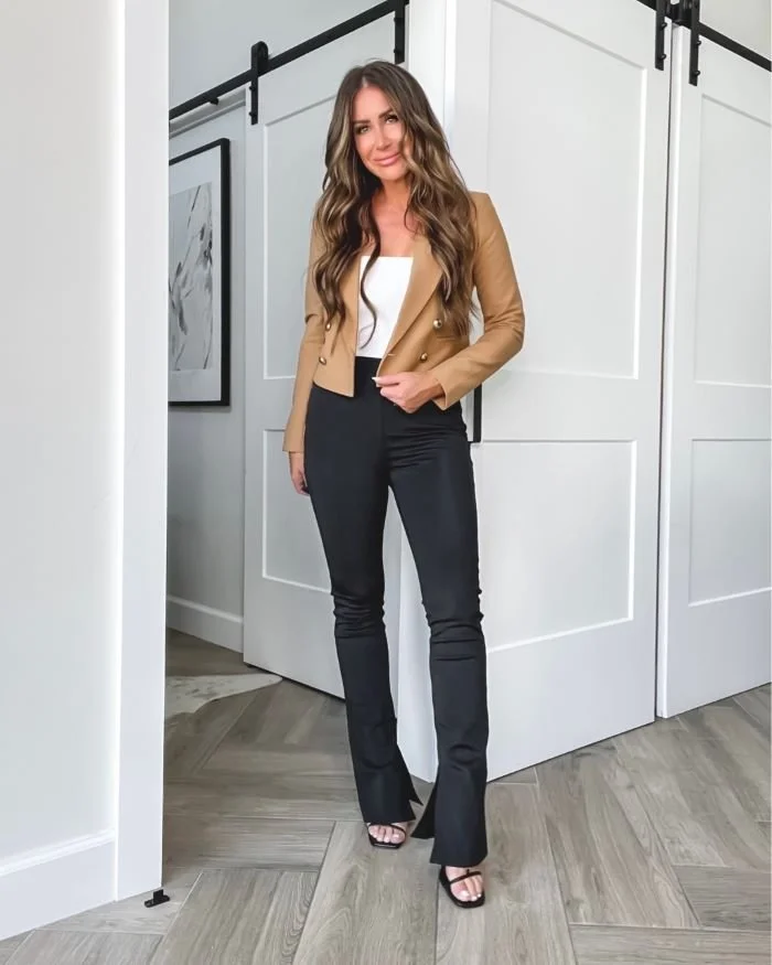 Black flared trousers outfit hot sale